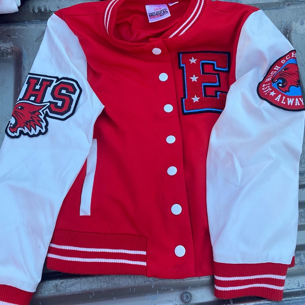 Disney Red and White Varsity Jacket with Letter Patches